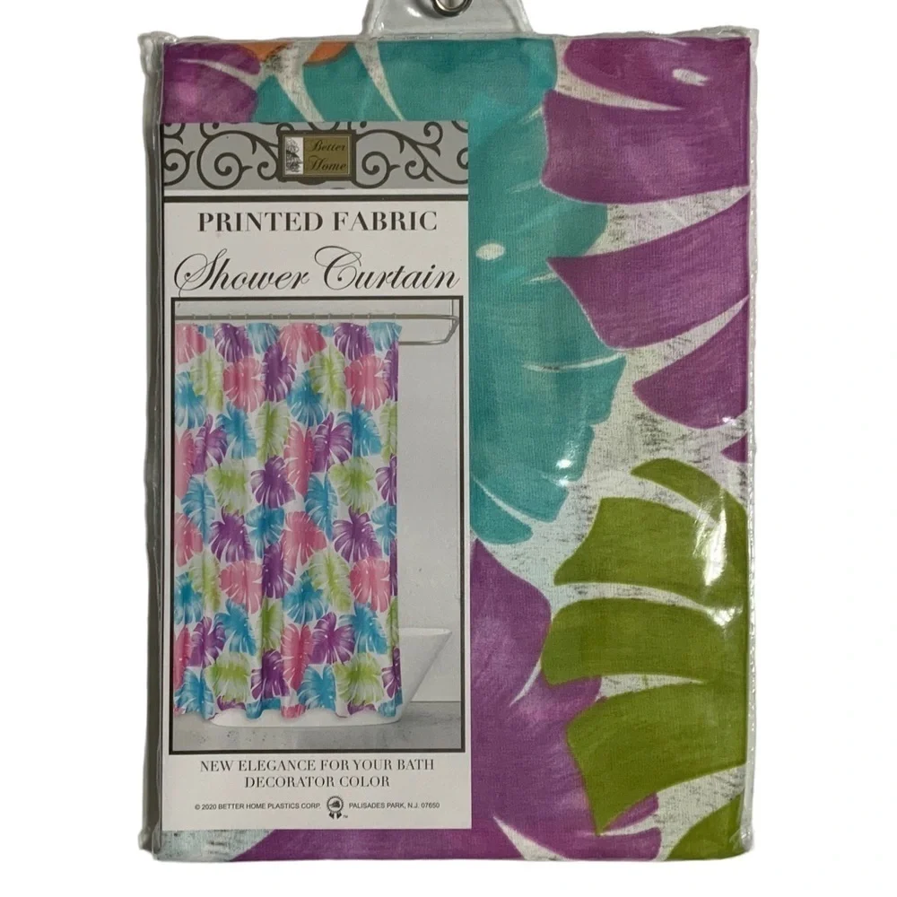 Shower Curtain Tropical Colorful Leaf Print Fabric Teal Pink Green 70 X 72 in